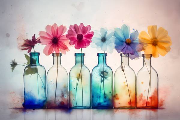 Bunte Blumen in bunten Flaschen, Gemälde, modern, Stillleben, digital de Miro May