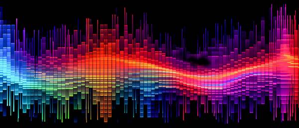 das farbenfrohe, lineare Muster elektronischer Wellenformen im Stil von Voxel-Kunst, Datenvisualisie de Miro May