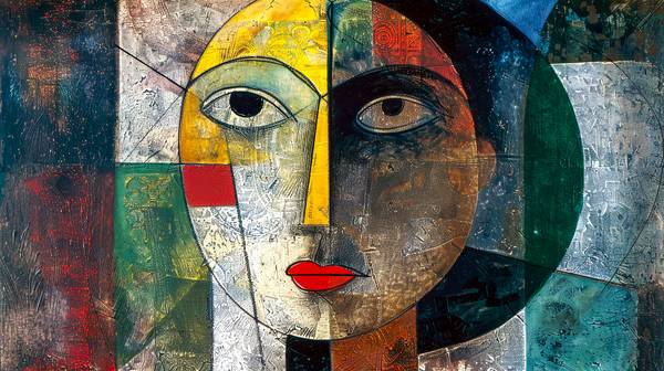 Das Gemälde präsentiert ein abstraktes Porträt einer Frau, das den Stil des Kubismus mit großen Auge de Miro May