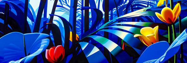 Ein leuchtend blauer Dschungel mit exotischen Pflanzen und tropischen Blumen de Miro May