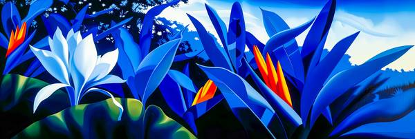 Ein leuchtend blauer Dschungel mit exotischen Pflanzen und tropischer Blume in weiß . Der Hintergrun de Miro May