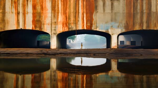 Ein Mann unter der Brücke. Fluss in Indien de Miro May