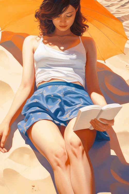 Eine Frau liegt am Sonnigen Tag am Strand im Sand und liest ein Buch.  de Miro May