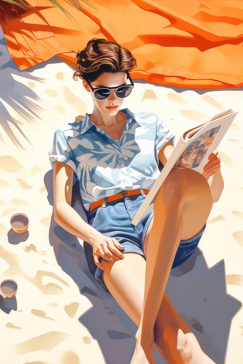 Eine Frau mit Sonnenbrillen liegt am Sonnigen Tag am Strand im Sand und liest ein Buch.  de Miro May