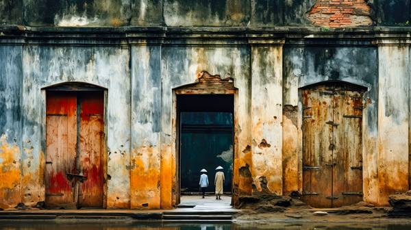 Menschen in der Altstadt von Hanoi. Alte Wände in Vietnam. de Miro May