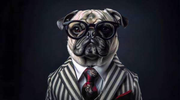 Mops mit Anzug, Krawatte und Sonnenbrille auf dunklem Hintergrund. Haustiere, Hund, Portrait, Hundep de Miro May