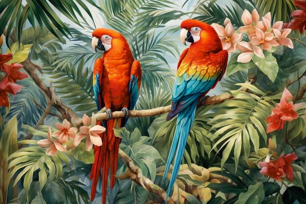 Papageien im Wald, Tropischer Regenwald, Vögel in Natur, Jungle mit Pflanzen und Vögeln de Miro May
