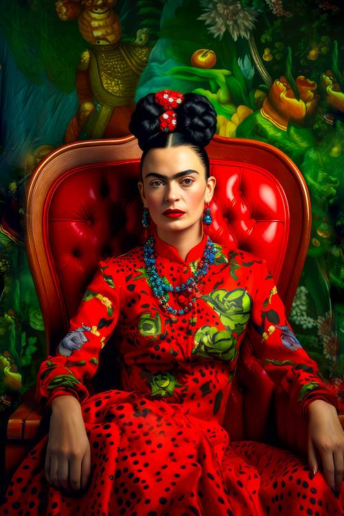 Porträt von Frida Kahloin einem roten Kleid mit grünen Akzenten. de Miro May