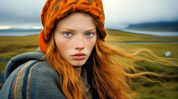 Portrait einer wunderschönen Frau in Island. Rothaarige Frau und die Landschaft de Miro May