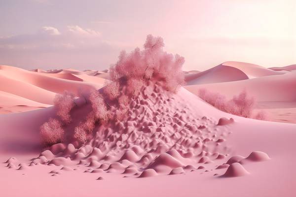 Rosa Düne, futuristische Landschaft mit rosa Sand, Fantasielandschaft, Rosa Landschaft mit Berg und  de Miro May