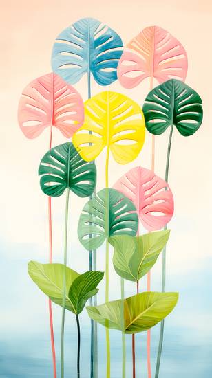 Aquarelle mit bunten Philodendron Blättern, minimalistisch. Digital AI Art.