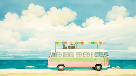 Bunte Aquarelle mit einem VW Bus am Strand. Roadtrip