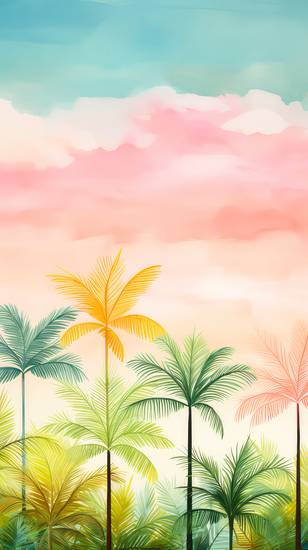 Bunte Aquarelle mit tropischer Landschaft, Palmen und Wolken.