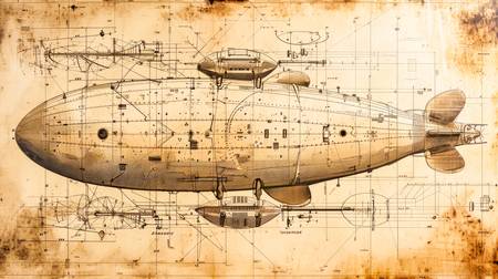 Ein in Sepia gehaltener Zeppelin, präsentiert in Form einer technischen Zeichnung aus der Renaissanc