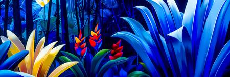 Ein leuchtend blauer Dschungel mit exotischen Pflanzen und tropischen Blumen
