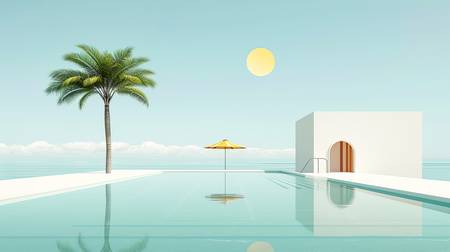 Ein Swimmingpool mit Sonnenschirm Palme und Strandhaus. Luxus am Meer