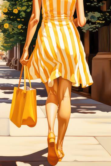 Eine Frau in Sommerkleid und Handtasche geht durch die Stadt an einem Sommertag.