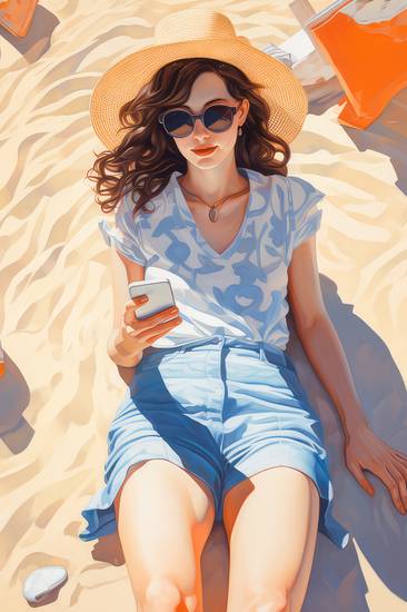 Eine Frau liegt am Sonnigen Tag am Strand im Sand und liest Nachrichten auf dem Handy.