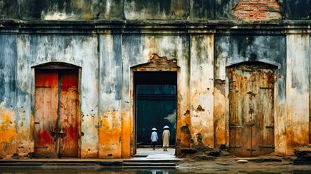 Menschen in der Altstadt von Hanoi. Alte Wände in Vietnam.