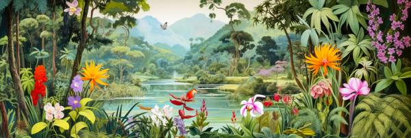 Tropische Blumen und Pflanzen umgeben einen ruhig fließenden Fluss, während majestätische Berge am H de Miro May
