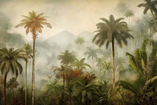 Tropische Landschaft mit Palmen und Bergen. Nebel im Regenwald. Grüne Landschaft am morgen. Natur de Miro May