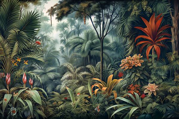 Tropischer Regenwald mit bunten Pflanzen und grünen Bäumen, Natur im Jungle de Miro May