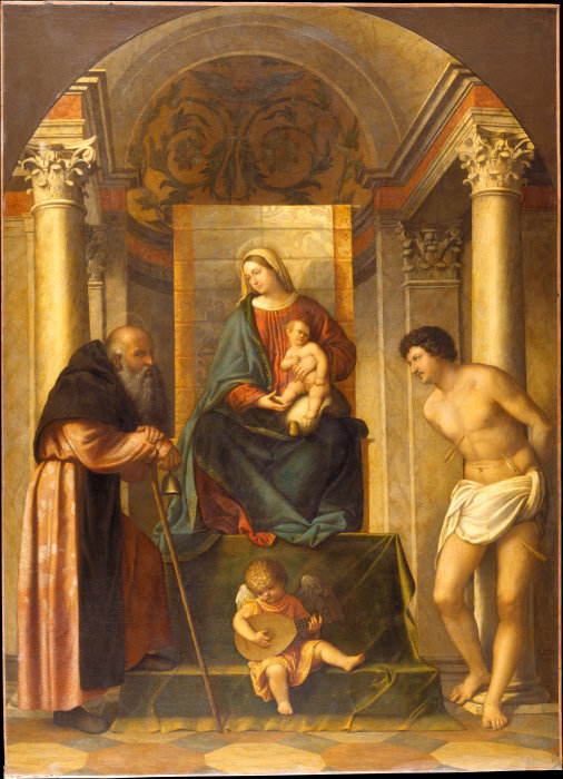 Virgin and Child Enthroned with Saints Anthony Abbot and Sebastian de Moretto da Brescia