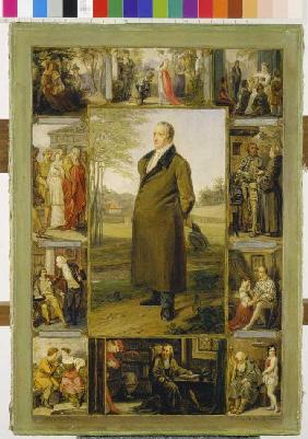 Johann Wolfgang von Goethe, umgeben von seinen Werken.