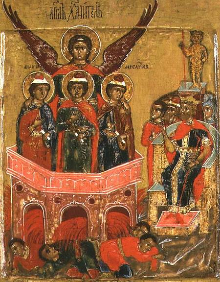 Russian icon depicting Shadrach, Meshach and Abednego in the Fiery Furnace de Moscow school