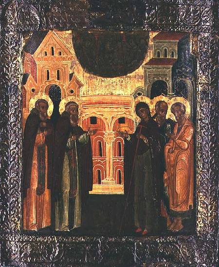 Russian icon of the Miraculous Appearance of the Virgin and the Apostles Peter and Paul to Sergius o de Moscow school