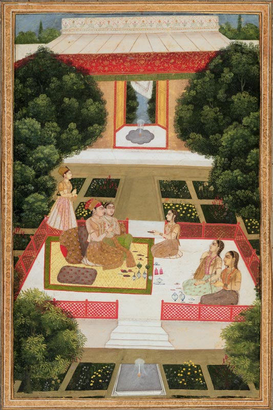 A couple in a garden listening to music with female attendants, from the Small Clive Album de Mughal School