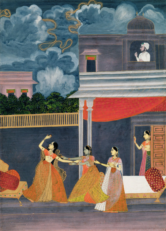 A lady brought in from a storm at night: illustration from the musical mode Madhu Madhavi de Mughal School