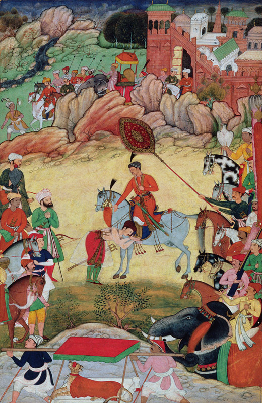 Adham Khan paying homage to Akbar at Sarangpur, Central India, in 1560 or 1561, from the 'Akbarnama' de Mughal School