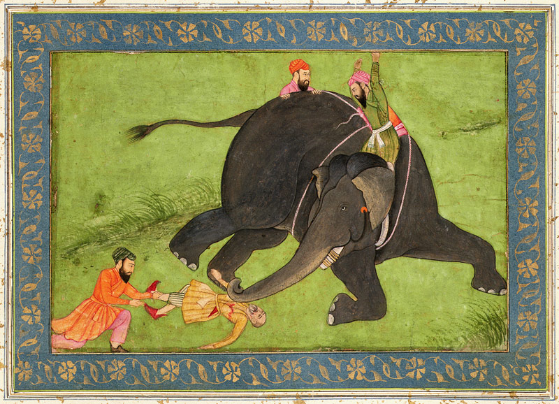 Attendants rescue a fallen man from an enraged elephant, from the Large Clive Album de Mughal School