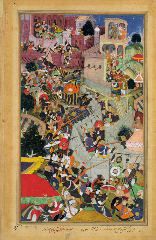 Emperor Akbar (r.1556-1605) shoots Saimal at the Siege of Chitov in 1567, from the 'Akbarnama' made de Mughal School