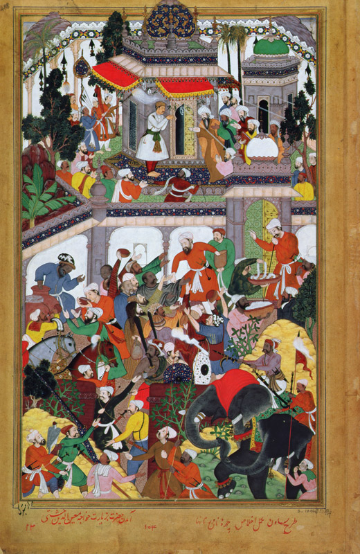 Emperor Akbar (r.1556-1605) visits the shrine of Mu'in ad Din Chisti at Amjir in 1562, from the 'Akb de Mughal School