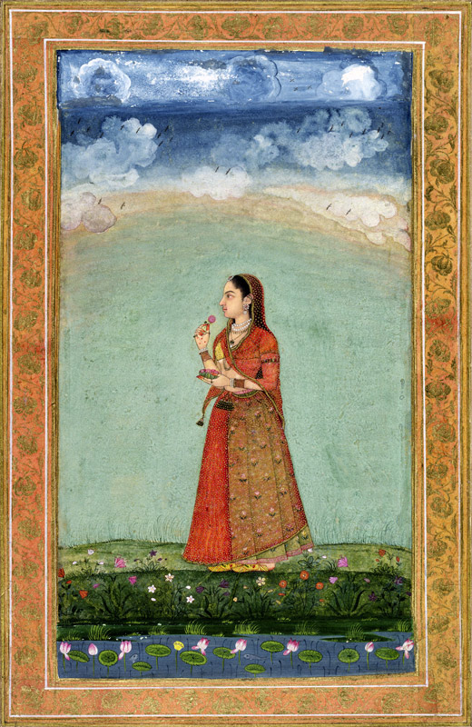 Lady holding a bowl of roses, from the Small Clive Album de Mughal School