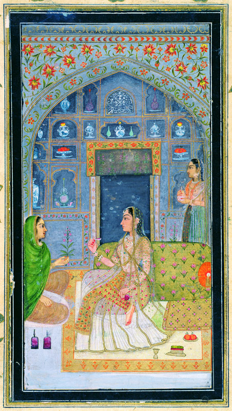 Lady seated in a Pavilion with attendants, from the Small Clive Album de Mughal School