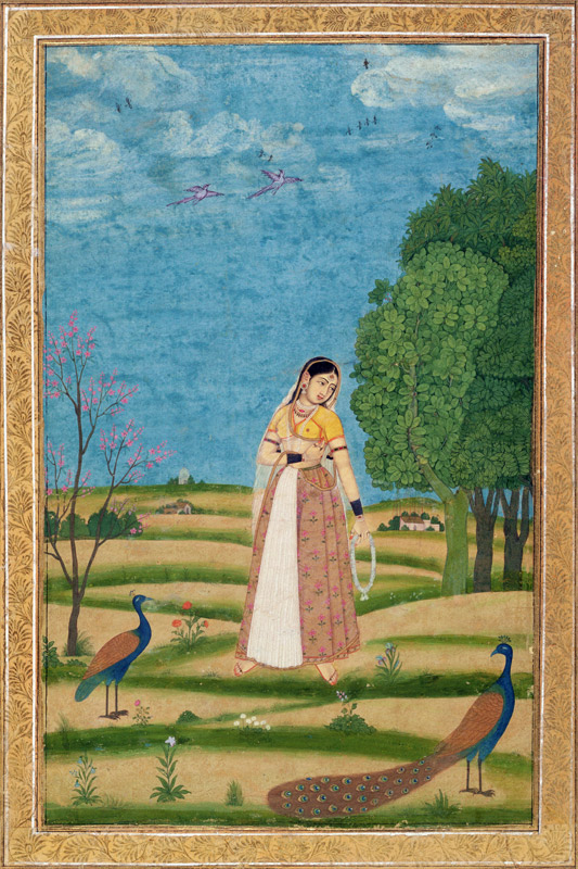 Lady with peacocks, from the Small Clive Album de Mughal School