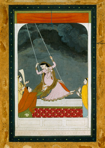 A lady on a swing, Kangra Punjab hills de Mughal School