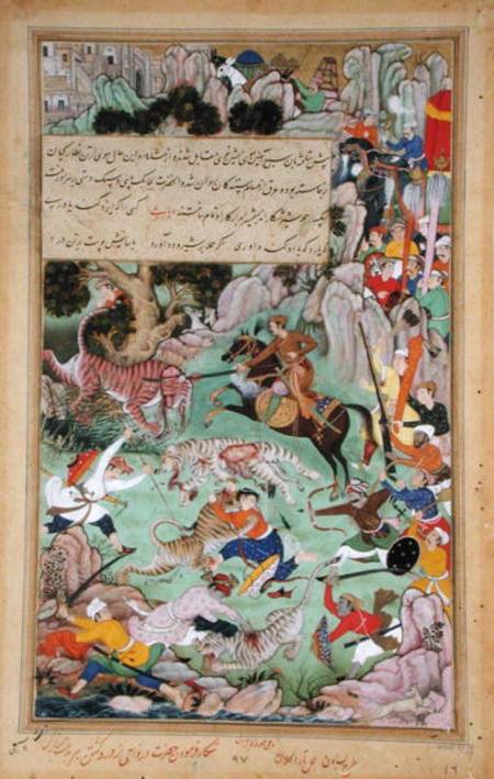 Akbar tiger hunting near Nawar, Gwalior in 1561 de Mughal School