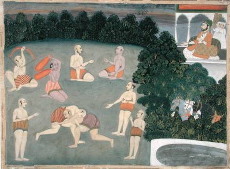 Athletes perform before a seated noble de Mughal School
