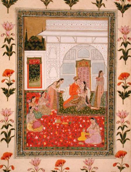 Couple with female attendants and musicians, from the Small Clive Album de Mughal School