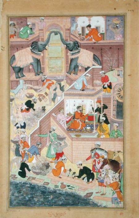 Emperor Akbar (r.1556-1605) inspecting the building work at Fatepur Sikri, from the 'Akbarnama' made de Mughal School