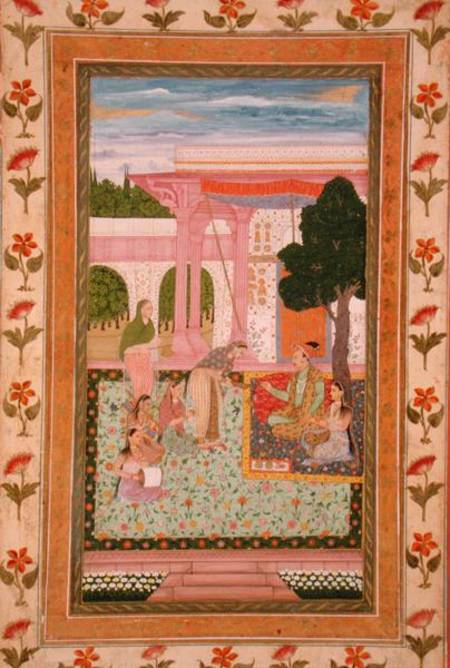 Emperor Jahangir (1569-1627) with his consort and attendants in a garden, from the Small Clive Album de Mughal School