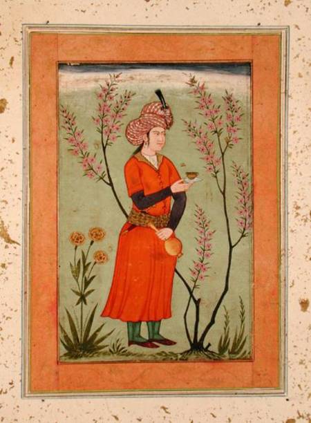 Iranian princely figure holding a cup and flask, from the Large Clive Album de Mughal School