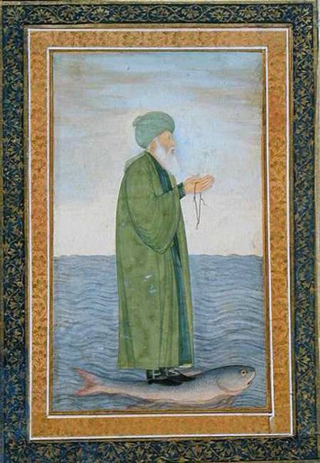 Khawa Khizir Khan riding on a fish, from the Small Clive Album de Mughal School