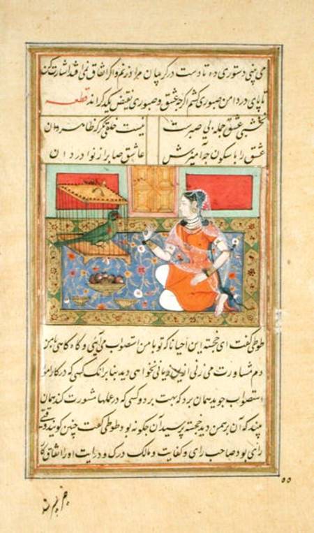 Kjujista, the Merchant's Wife, talking to a Parrot, Calligraphy & illustration from the 'Tuti'nama', de Mughal School