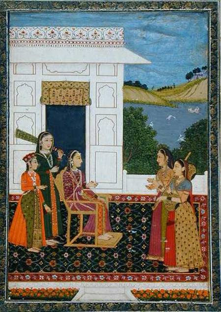 A lady with attendants on a terrace, from the Small Clive Album de Mughal School