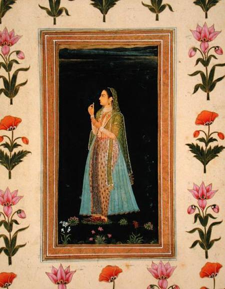 Lady holding a blossom, from the Small Clive Album de Mughal School